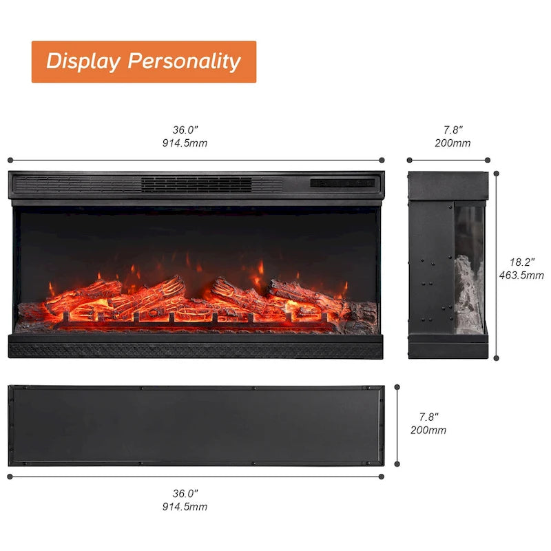 3-Sided Glass Electric Fireplace Insert – Gray & Blue Light / Black, Freestanding or Insert, 18 or 36 Inch