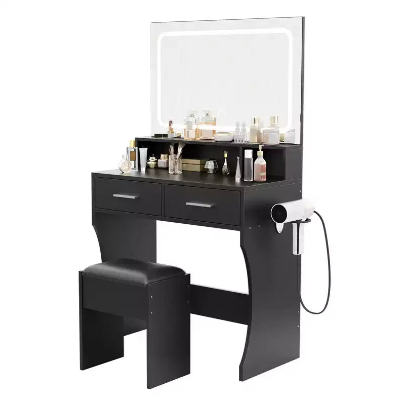 Vanity Desk Set with 31.5 Large LED Mirror and Lights, Makeup Vanity Table with 2 Drawers, Stool, Power Outlet, 3 Color Lighting Modes for Bedroom