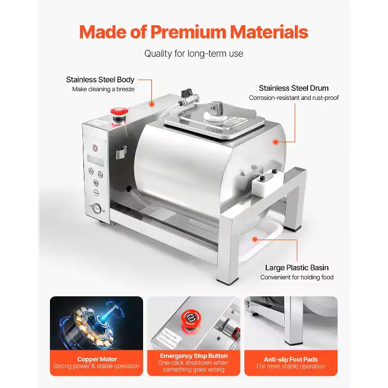 VEVOR Meat Tumbler Marinator, 10L Vacuum Tumbler Marinating Machine with Automatic Bidirectional Rotation, Silver