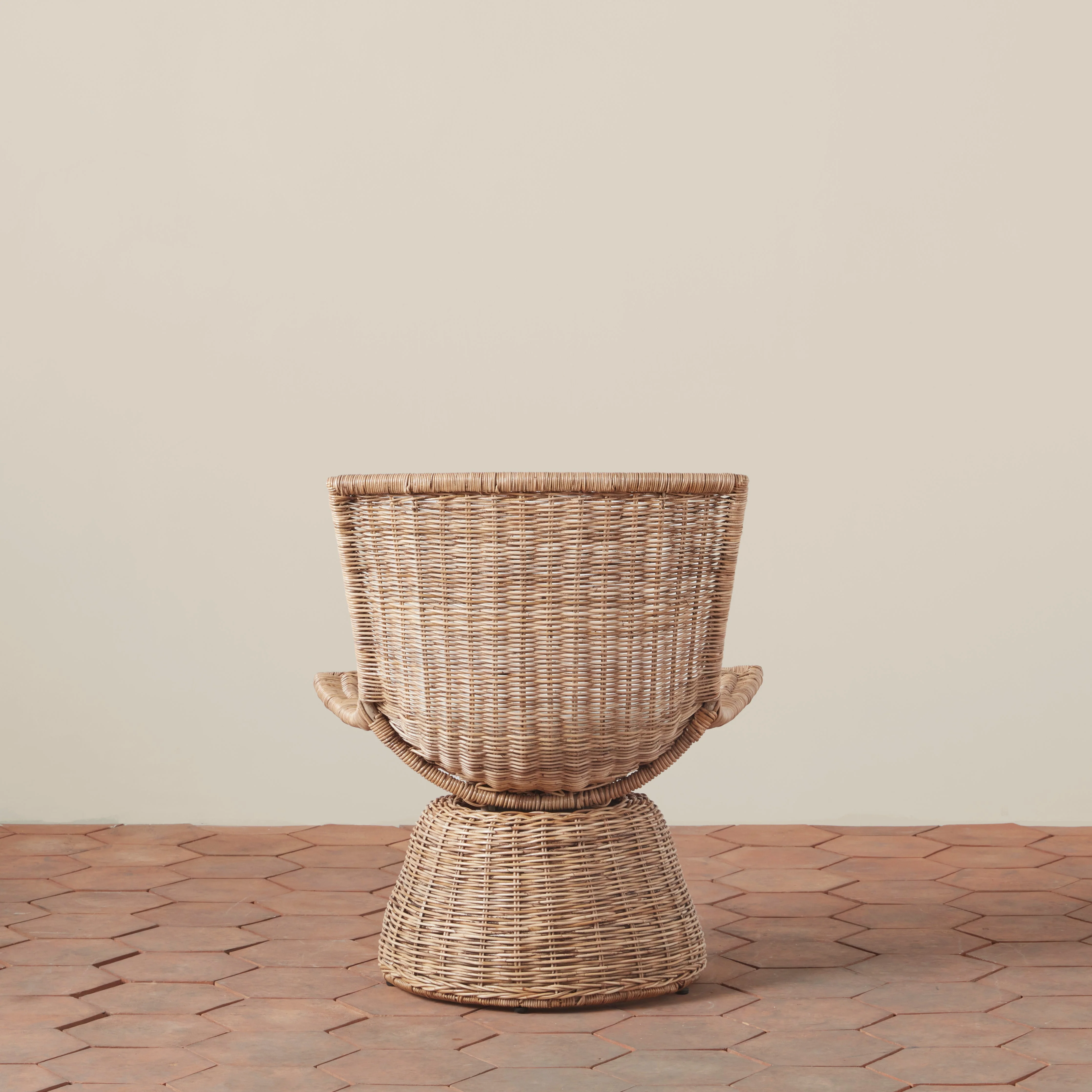 Mid-Century Modern Handwoven Rattan & Linen Small Swivel Chair with Compact Scale for Bedroom or Study