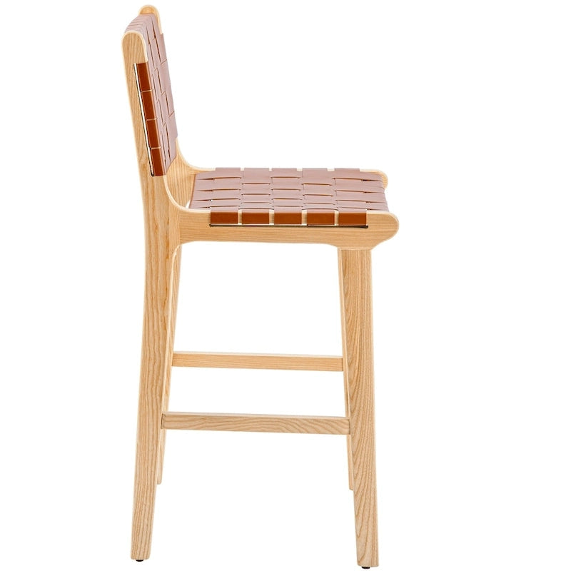 Woven Leather Counter Height Bar Stool, Ash Wood Frame, No Assembly