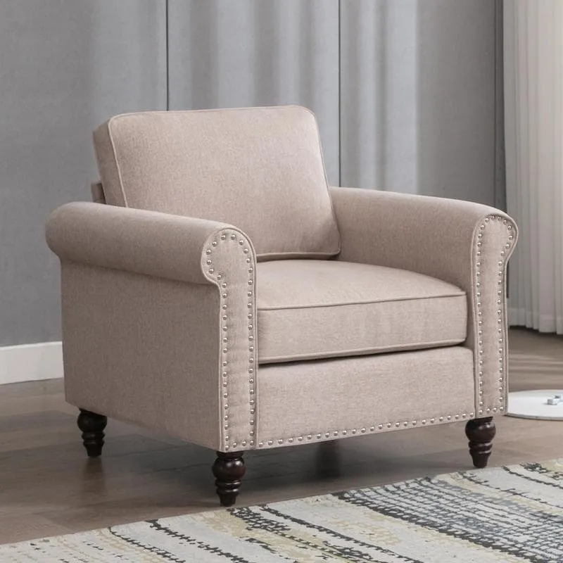 Modern Linen Sectional Single Sofa with Solid Wood Frame & Pocket Coils