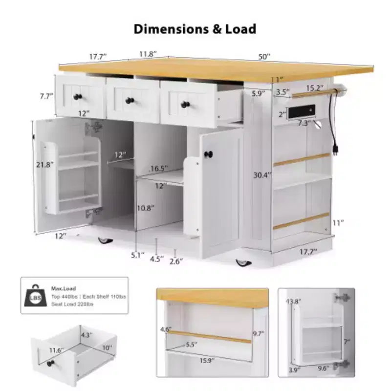 53 White Large Kitchen Island with Drop Leaf & 5 Wheels