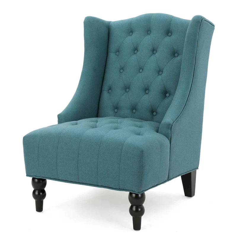 Upholstered Wingback Chair – Blue / Navy / Silver / Green, Button-Tufted Diamond Stitch, Birch Legs, Seats 1