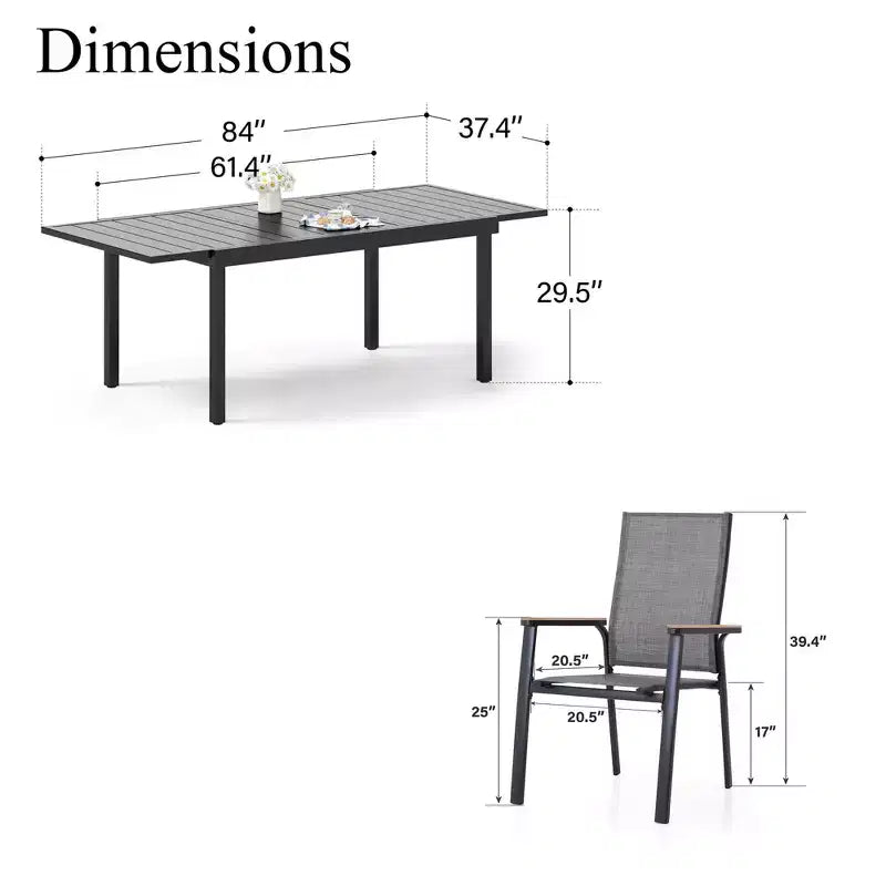 Captiva Designs 7pc Patio Slat-top Adjustable Rectangular Table & Gray Textilene Aluminum Chairs