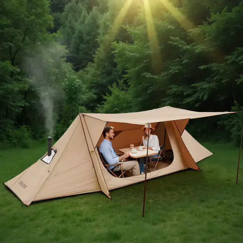 VEVOR Camping Hot Tent, Lightweight Bushcraft Tent with Stove Jack&2 Tarp Poles, Waterproof Winter Hot Tents Shelters, 4 Season for 2 Persons,Brown