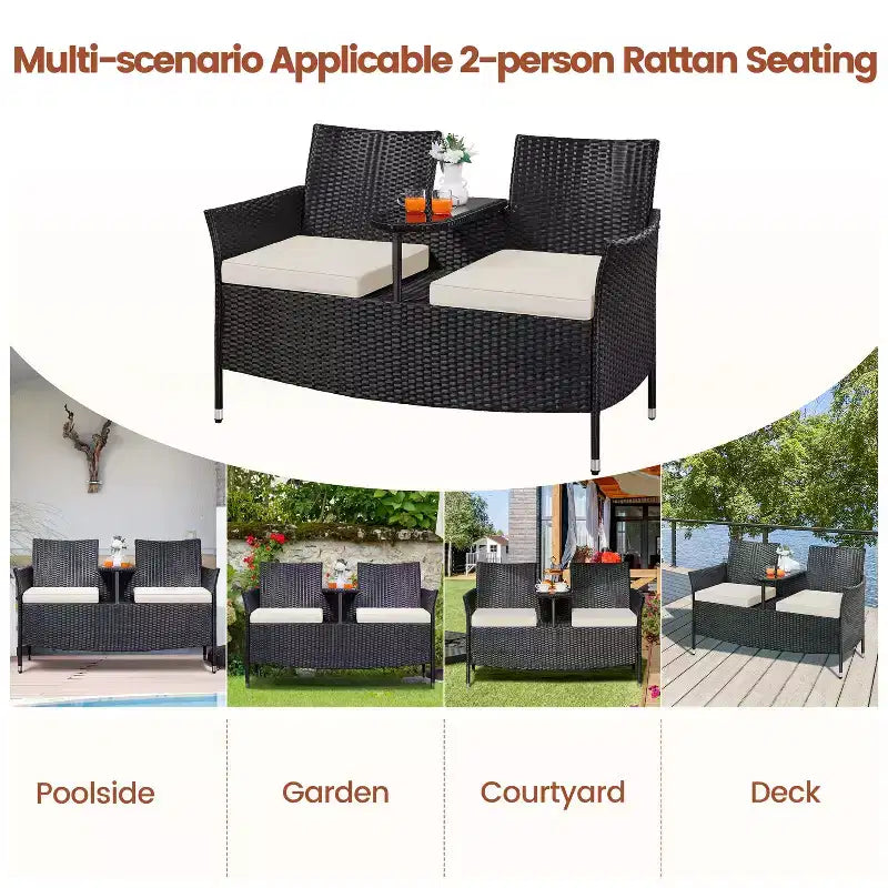 Yaheetech Outdoor Wicker Double Chair with Removable Cushions & 1 Tempered Glass Side Table, Black