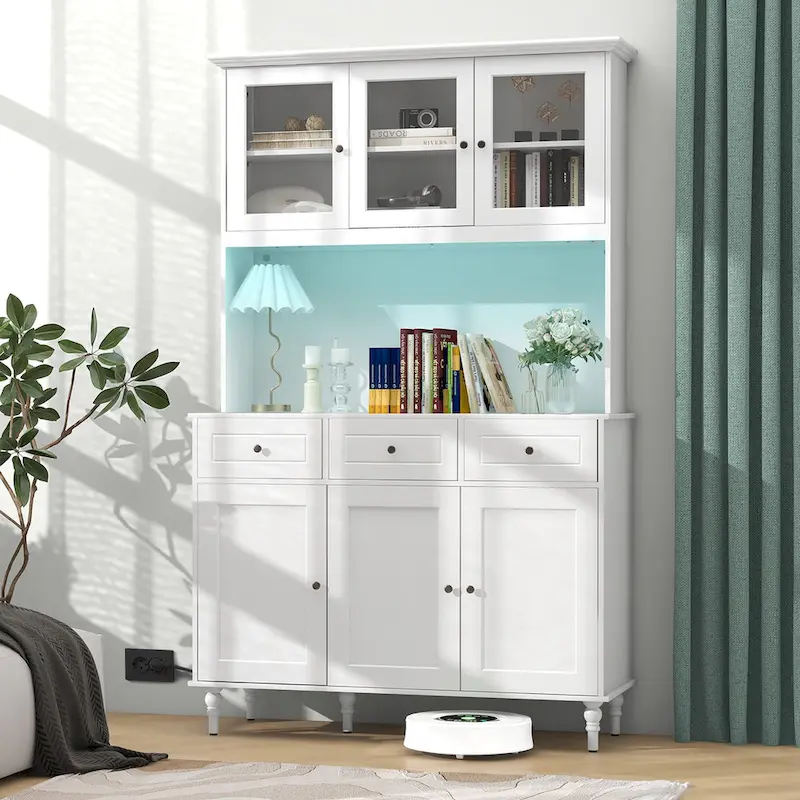 Tall kitchen food storage cabinet with LED lights and