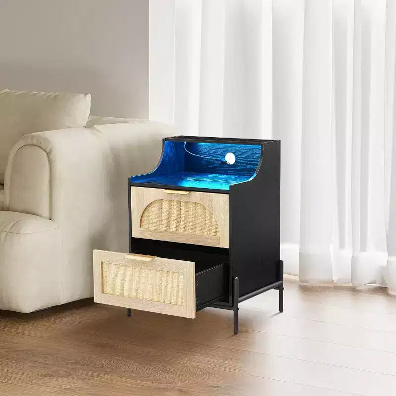 Nightstand with Outlets & USB - Adjustable Color Lighting Bedside Table, Rattan Side Table with 2 Drawers Storage