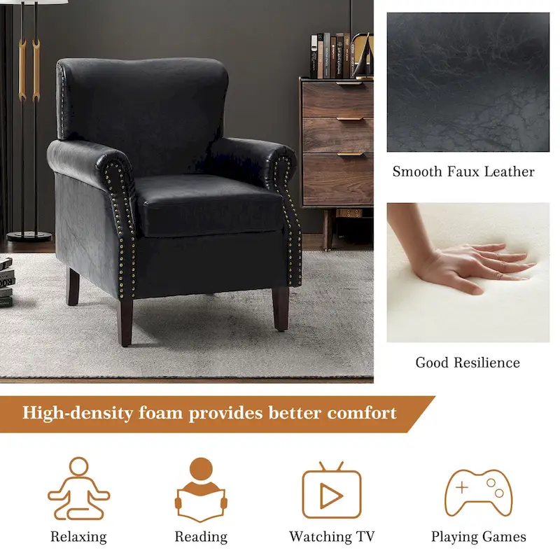 Transitional Leather Armchair with Nailhead Trim Rolled Arms