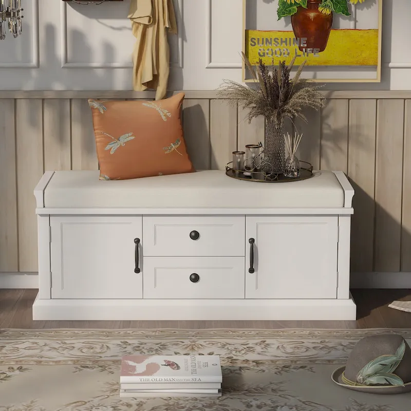 Storage Shoes Bench with 2 Drawers, 2 Cabinets and Removable Cushion