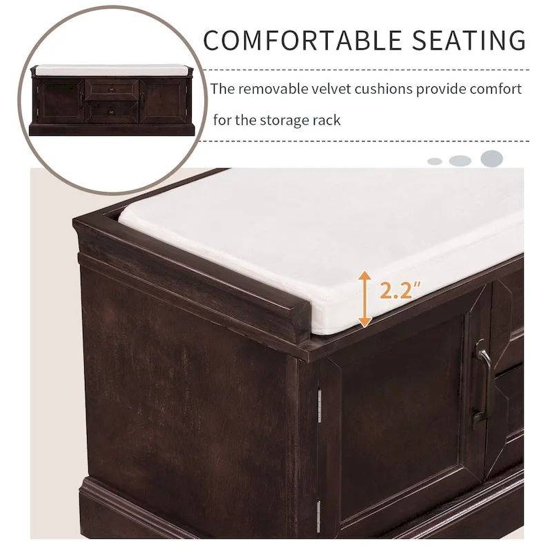 Storage Shoes Bench with 2 Drawers, 2 Cabinets and Removable Cushion