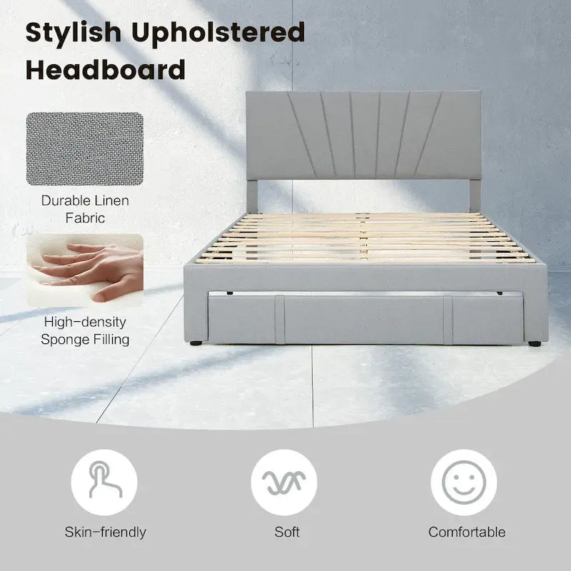 Linen Platform Bed Frame – Grey, Adjustable Headboard, 1 Pull-Out Drawer, Full / Queen, Sleeps 1