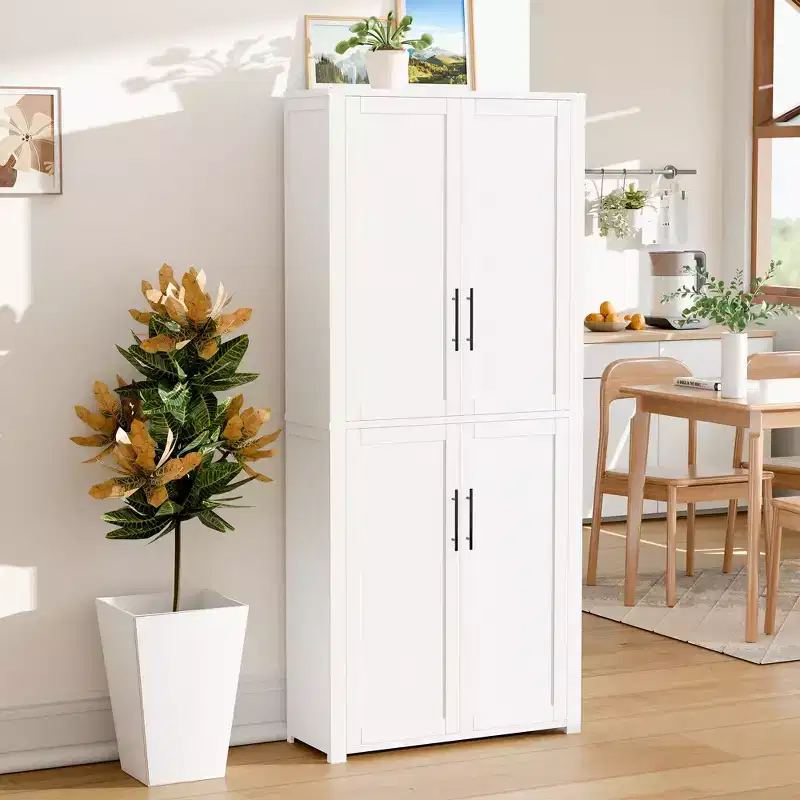 Kitchen Pantry Cabinet, Freestanding Food Storage Cabinet with 4 Doors & Adjustable Shelves, Floor Utility Storage Organizer