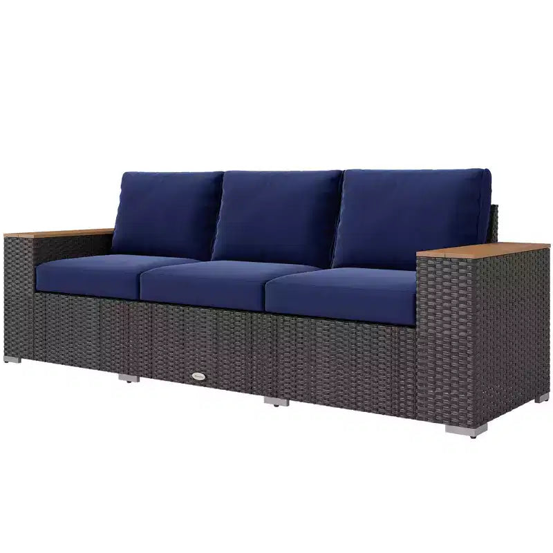 3-Seat Outdoor Patio Sofa with Cushions, PE Rattan Wicker Sofa with Wide Armrests, Outdoor Wicker Couch