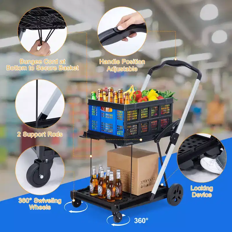 2 Tier Folding Shopping Carts for Groceries, 198 LB Capacity, Collapsible Portable Grocery Cart with Wheels & Removable Crate for Mall Market, Blue