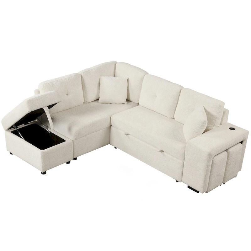 Roomfitters Convertible Sleeper Sectional Sofa Bed with Storage Ottoman, Two Throw Pillows, Two Stools, Wireless Charger
