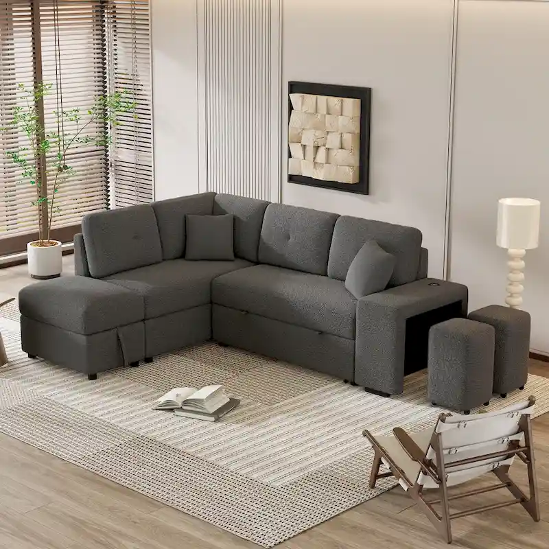 Roomfitters Convertible Sleeper Sectional Sofa Bed with Storage Ottoman, Two Throw Pillows, Two Stools, Wireless Charger