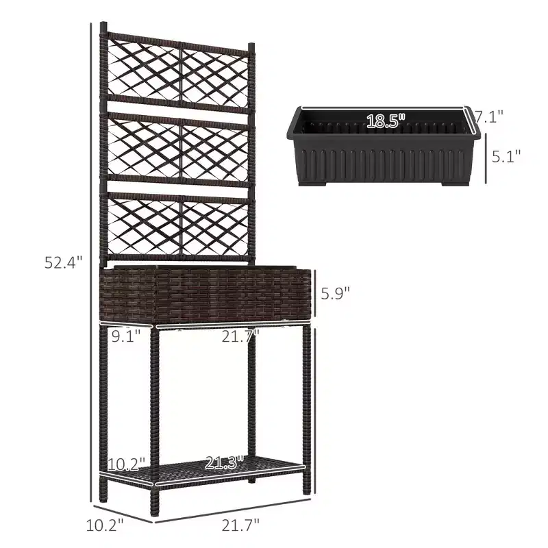 Outdoor Wicker Planter with Trellis for Climbing Plants, Freestanding Rattan Garden Box with Storage Shelf