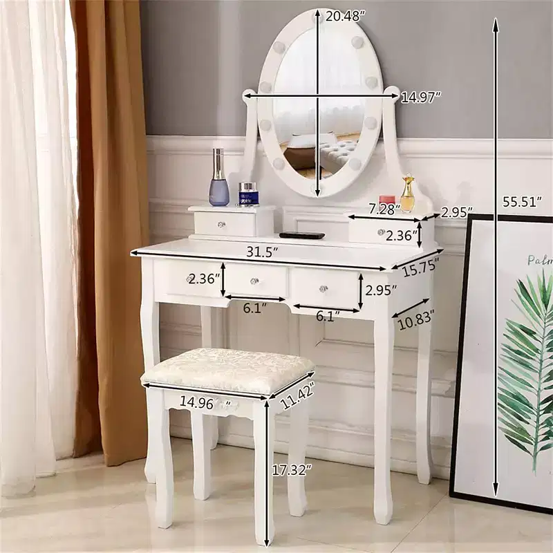 5-Drawer Dressing Table with Single Mirror with Light Bulb Household Accessories