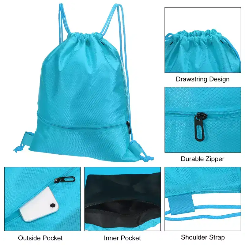 Unique Bargains Waterproof Adjustable Zip Pocket Drawstring Backpack Bags for Women Men