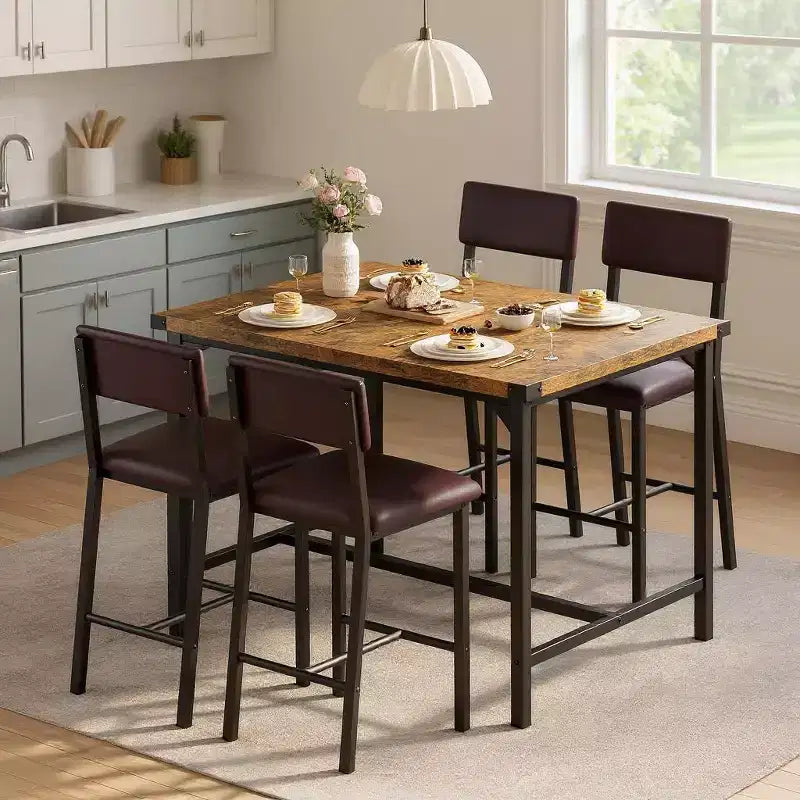 Dining Table Set, Counter Height Table with 4 Upholstered Bar Stools