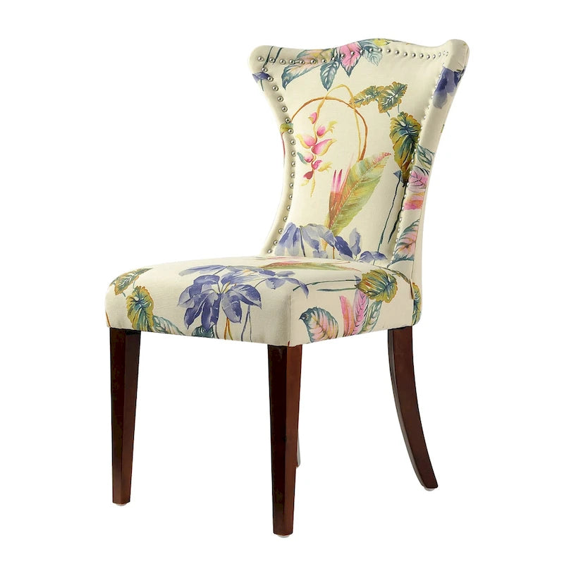 Armless Upholstered Dining Chair – Off-White Floral / Gold Floral / Moss Green / Jet Black / Brown Floral / Midnight Blue, Curved Back, Nailhead Trim, Seats 1