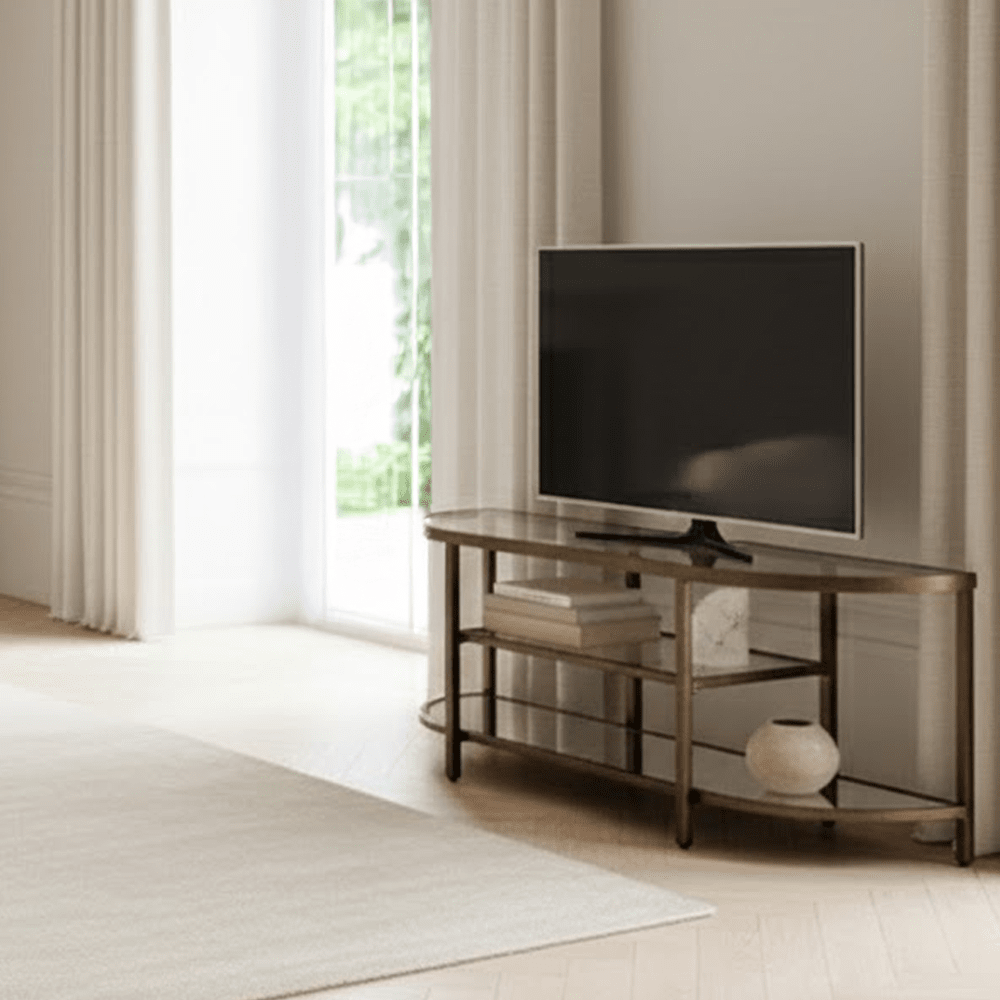 Bronze Metal TV Unit with Glass Shelves