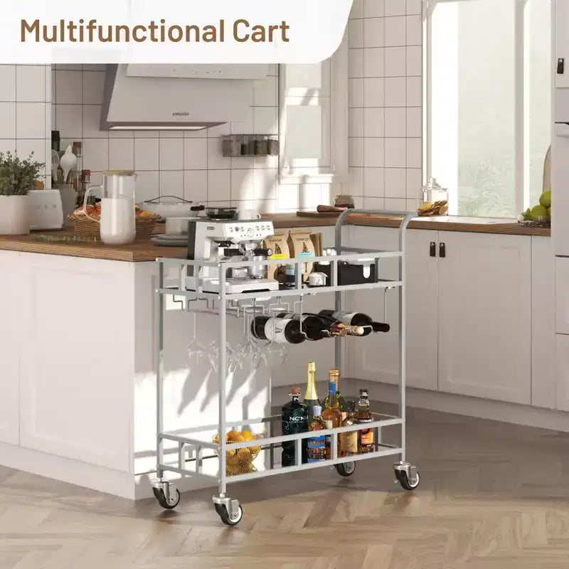COZONY 2 Tier Bar Cart with Wine Rack and Glass Holder, Mirrored Mobile Serving Cart with Wheels for Kitchen Living Room