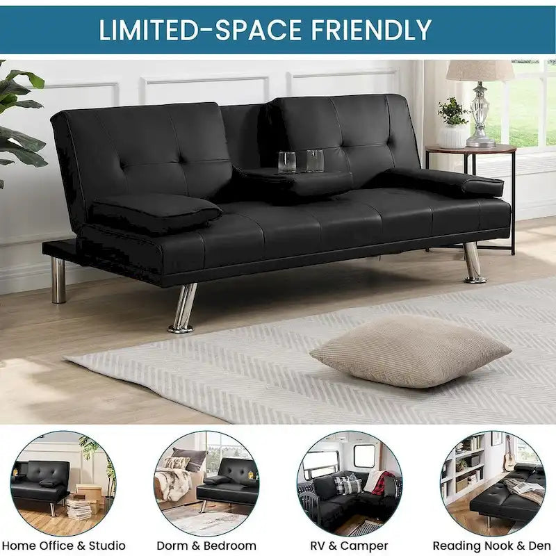 Convertible Sofa Bed – Black / Dark Brown, Faux Leather, 3-Position Recliner, Seats 2