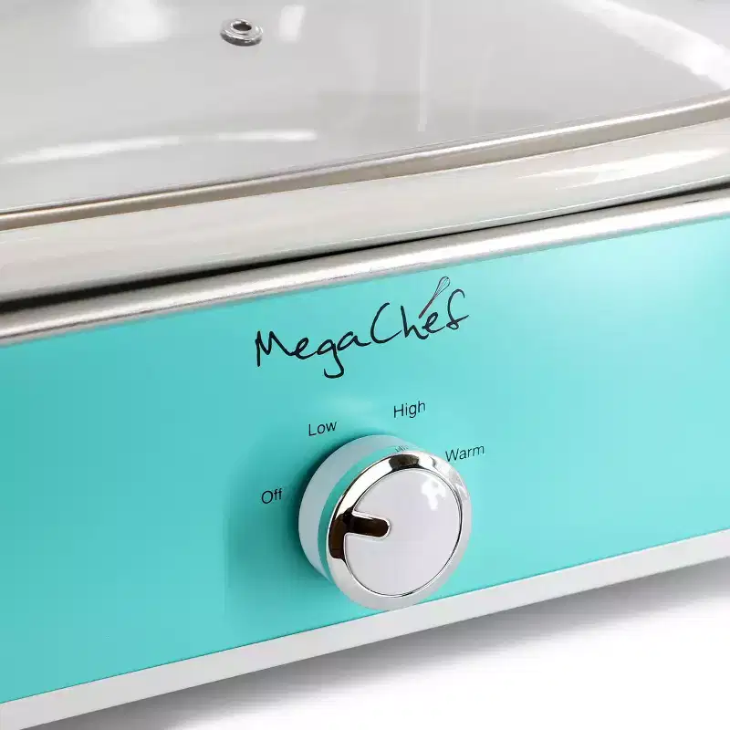 MegaChef 3.5 Quart Casserole Slow Cooker with 3 Temperature Settings: Turquoise Stoneware, Dishwasher-Safe, Locking Lid