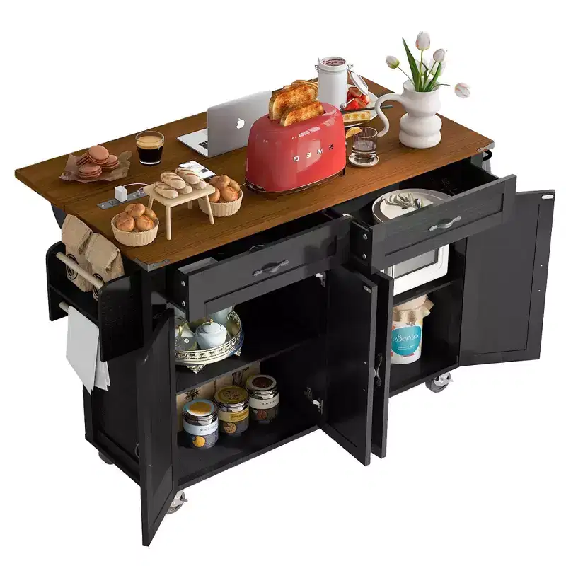 Kitchen Island with Power Outlet, Drop Leaf, Spice Rack & Drawer