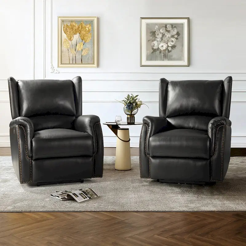 Genuine Leather Power Recliner with USB Port 鈥?Wingback Nailhead Set of 2
