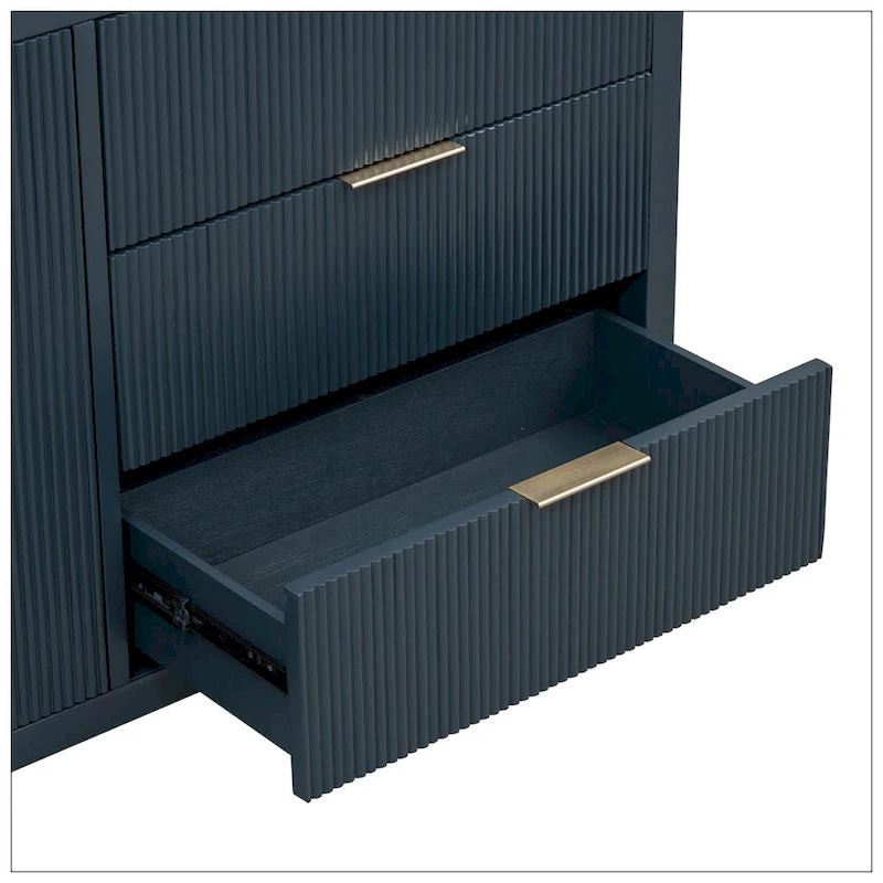 Wave-Pattern Sideboard – Navy Blue, MDF, Acacia Wood Legs, Aluminum Handles, 2 Doors & 3 Drawers