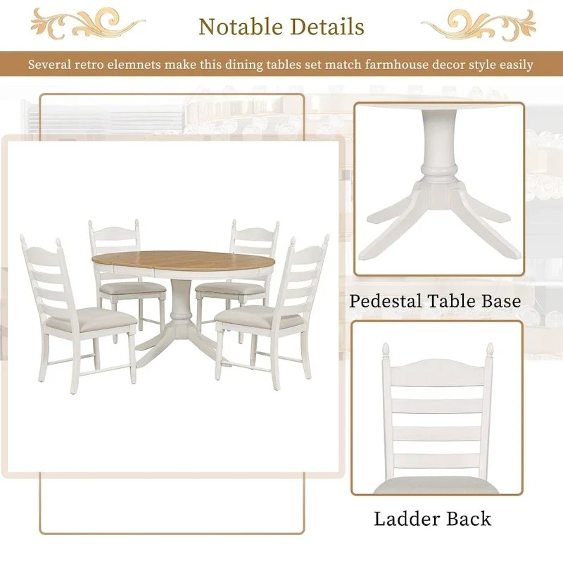 5-Piece Retro Functional Dining Table Set Wood Round Extendable Dining Table and 4 Upholstered Dining Chairs