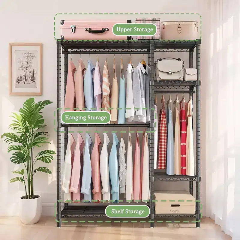 Okak Heavy Duty Storage Rack with 6 Adjustable Wire Shelving, Freestanding Coat Rack with 3 Clothes Rails, Hall Tree for Living Room, Bedroom, Black