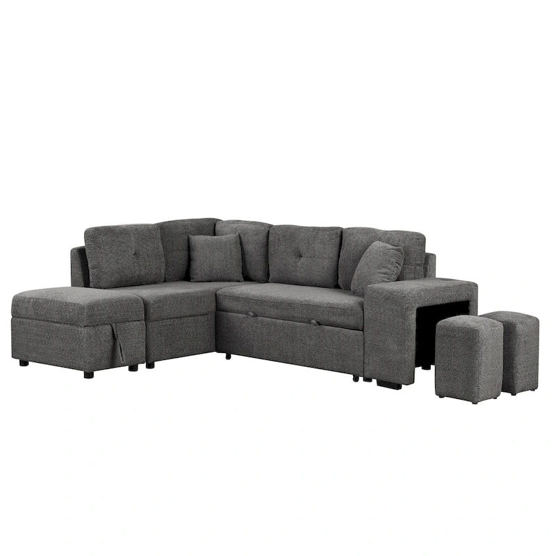 Roomfitters Convertible Sleeper Sectional Sofa Bed with Storage Ottoman, Two Throw Pillows, Two Stools, Wireless Charger