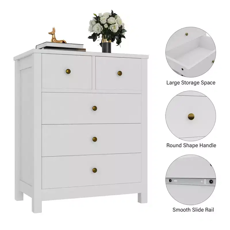 5-Drawer Fluted Dresser with Gold Metal Handles and Legs
