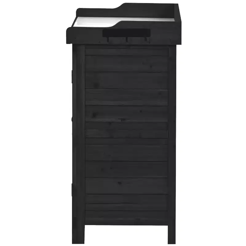 Outdoor Potting Bench with 2-Tier Shelves & Side Hooks, Galvanized Tabletop, Garden Workstation