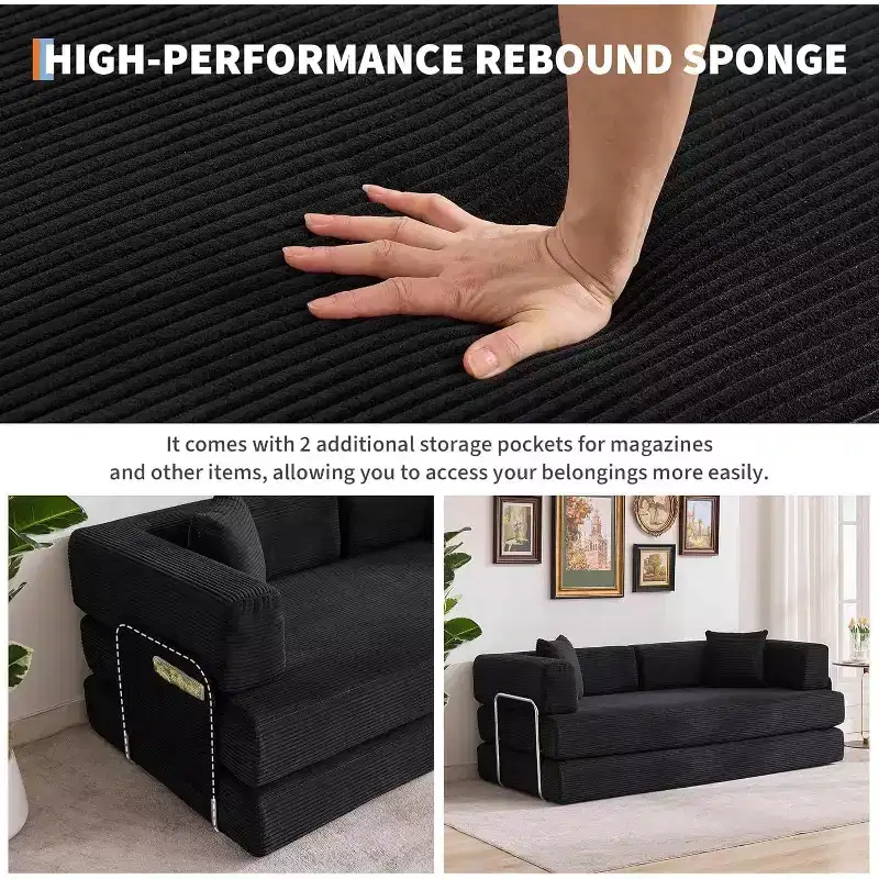 Convertible Couch, Folding Sofa Bed with 2 Pillows, Plush Corduroy Boneless Convertible Sofa, No Assembly Required for Living Room, Bedroom
