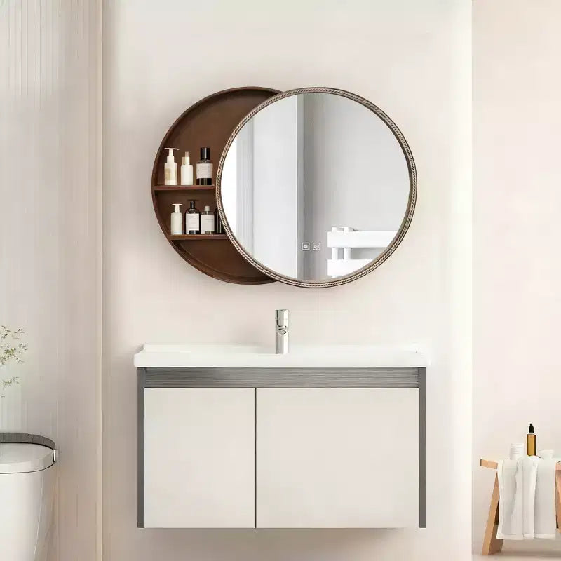 GDFStudio Norvyn 23.6 Round Wall Mirror with Sliding Storage Cabinet