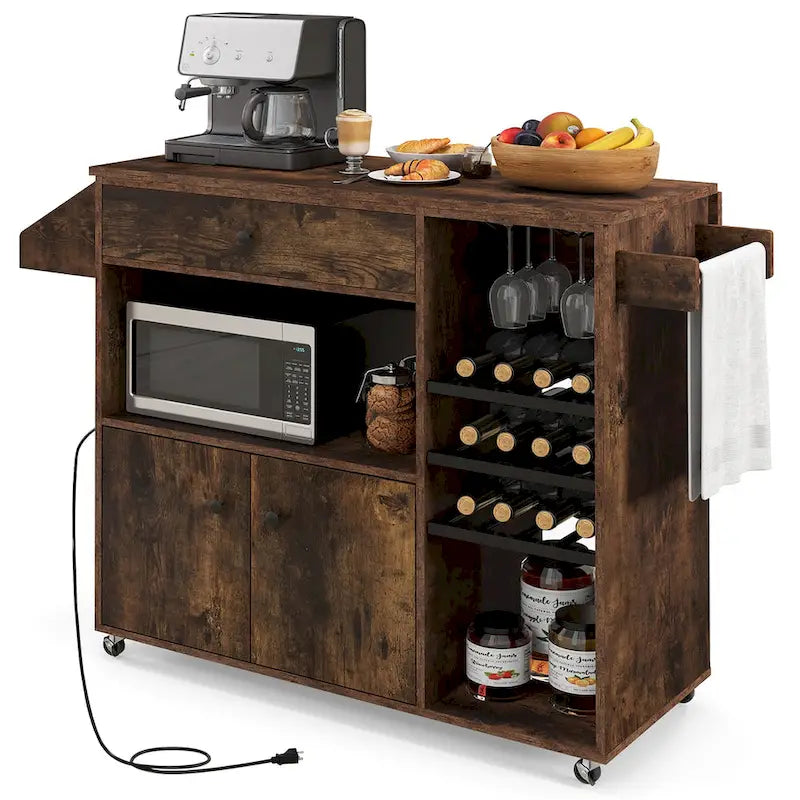 Kitchen Island Cart – White / Brown / Black, Drop-Leaf, Power Outlet, Wine Rack, Microwave Shelf, Casters