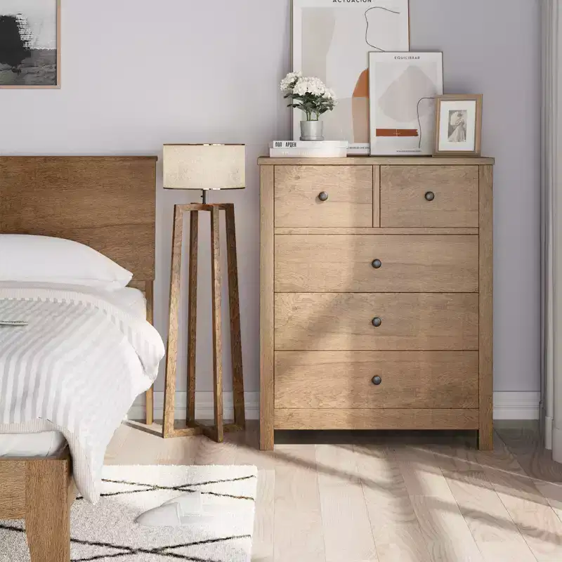 5-Drawer Fluted Dresser with Gold Metal Handles and Legs