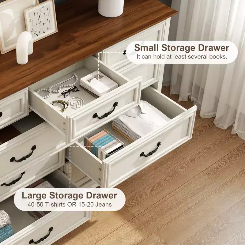 9 Drawer Farmhouse Dresser, Rustic Chest of Drawers with Ample Storage, Solid Wood Look & Metal Handles, Bedroom Clothes Organizer