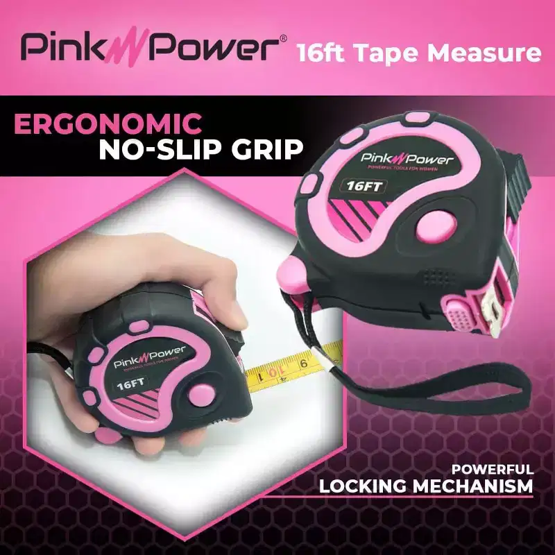 Pink Power 16ft Pink Tape Measure - Measuring Tape for Women's Tool Kit with Retractable Blade and Lock Button - Girls Lightweight Measurement Tool