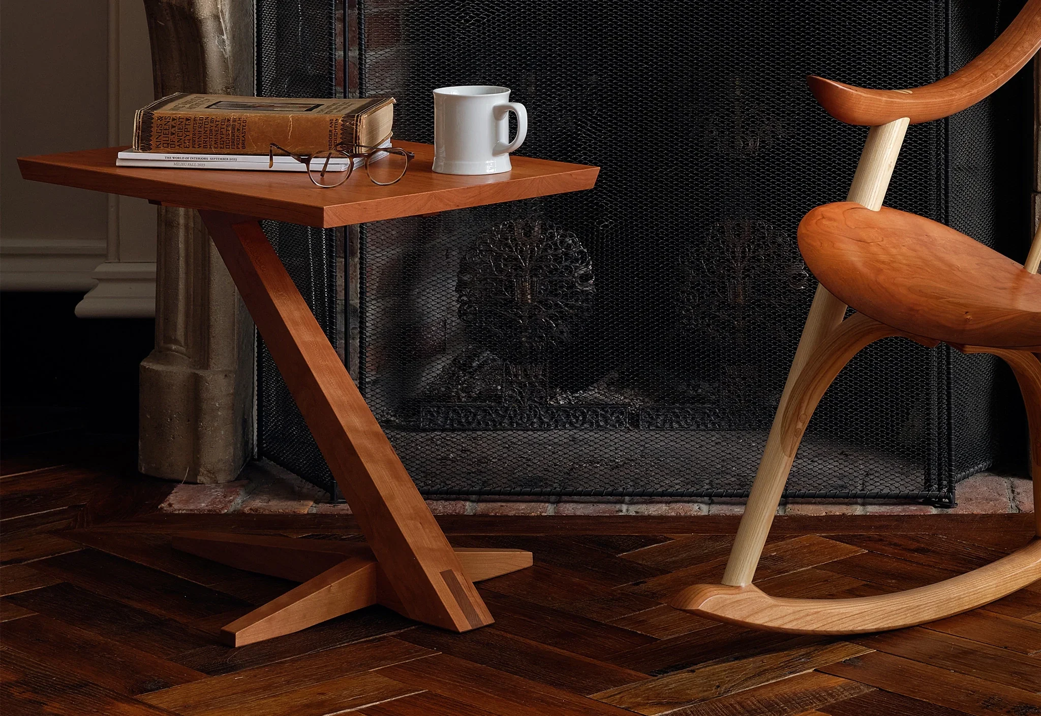 Cantilever Side Table - Perched atop a solid cherry or walnut base that rises from its splayed foot on a