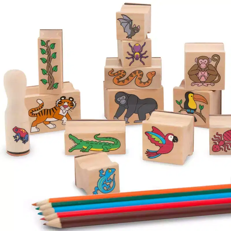 Melissa & Doug Stamp-a-Scene Stamp Set: Rain Forest - 20 Wooden Stamps, 27-Piece Set for Kids, Animals Theme