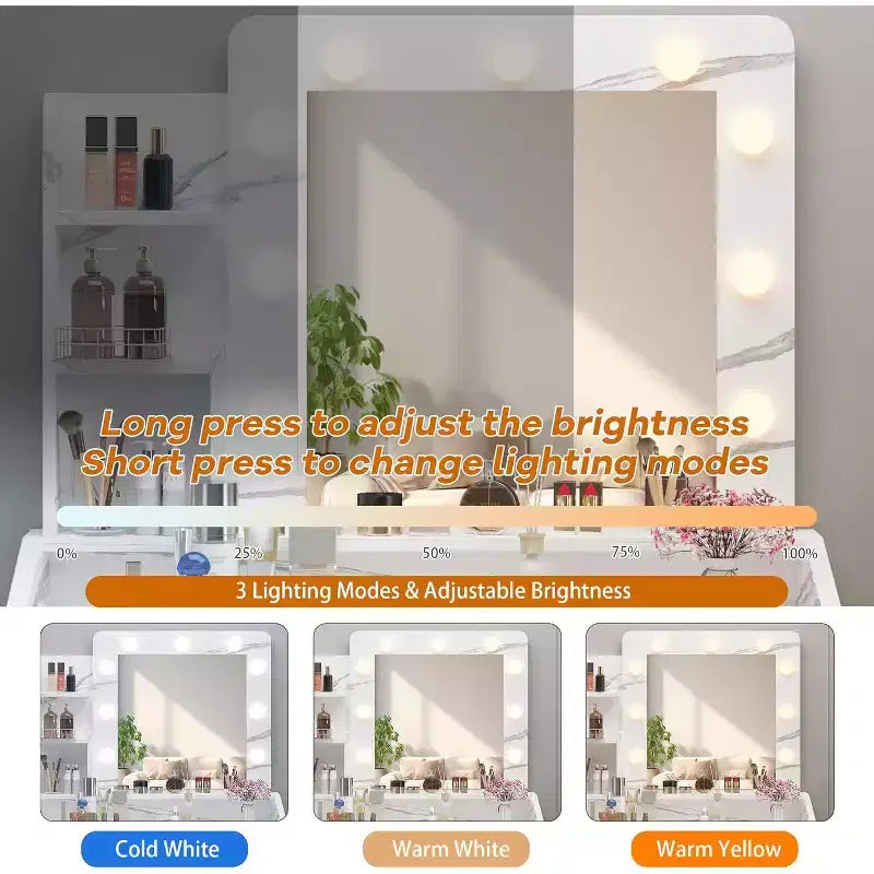 Vanity Desk with Mirror, Makeup Vanity with Cushioned Stool, 3 Lighting Modes Adjustable Brightness