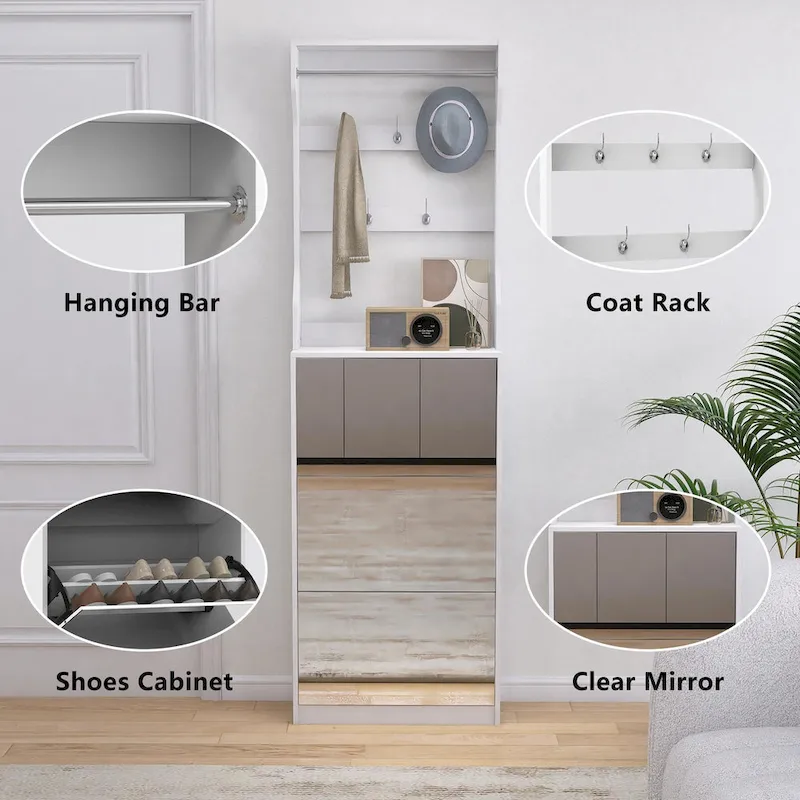 White Flip-Down Shoe Cabinet with Mirror Hooks Hanger Rod Tabletop Entryway Storage