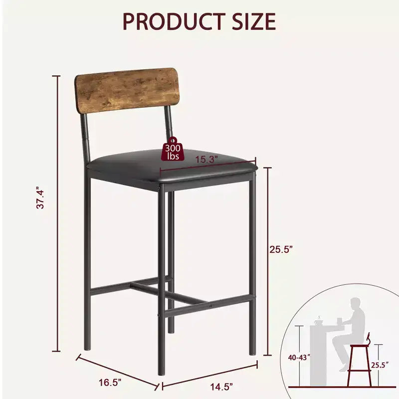 Bar Stools Set of 2, Kitchen Bar Stools with Footrest, 25.5 Inches Upholstered Bar Chairs with Back, 2 Counter Height Barstools for Counter Bar